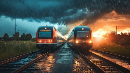 Two trains on different tracks, one heading towards a storm and the other towards a bright sky, generative ai