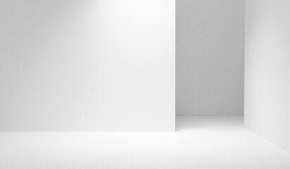 Poster - White abstract empty room design background with spotlight. White display background empty blank room illuminated studio space room interior minimalistic background design. White showroom copy space