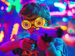 © Bramcrye - Young boy wearing neon goggles aiming a toy gun in a vibrant arcade setting.