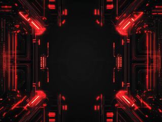 Futuristic digital circuit board with neon red lights on a dark background.