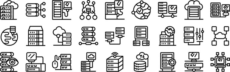 Wall Mural - dedicated server icons set. servers processing data, symbolizing cloud computing, data storage, and 