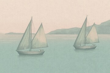 Two Sailboats in Calm Waters with Pastel Background An illustration featuring two sailboats gently drifting on still water, with muted pastel mountains and sky in the background.
