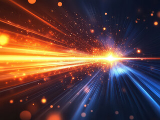 Dynamic burst of orange and blue light beams, creating a vibrant and energetic abstract visual effect.