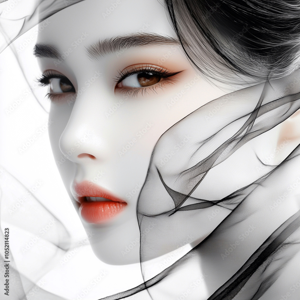 Minimalist portrait of a woman with light makeup and a sheer black veil ...