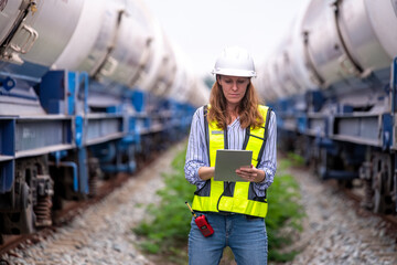 Engineer railway engaged in discussion or inspection maintenance work greenery and gas or oil power industrial or transportation setting in the rail train import export logistics industry concept.