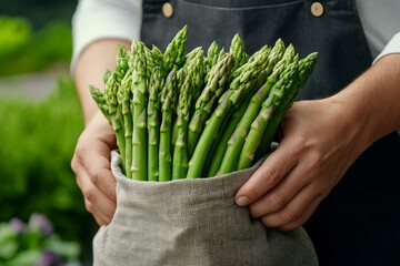 A bunch of asparagus in a market bag, freshly purchased and ready for cooking