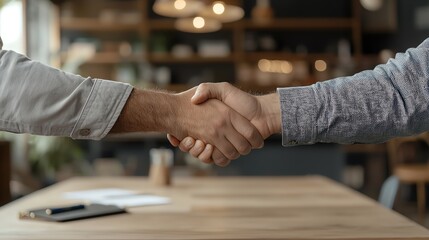 A closeup of two hands shaking across a table in a consulting meeting, handshake, business agreement