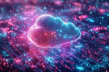 Small neon-lit cloud hovering over digital terrain.