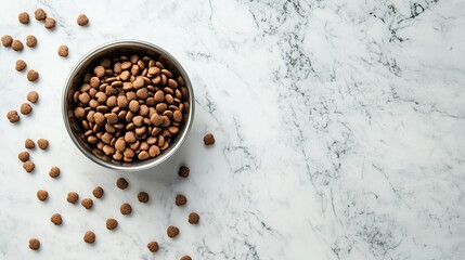 Top view of scattered kibble in a pet food bowl on a marble background, with room for text or branding