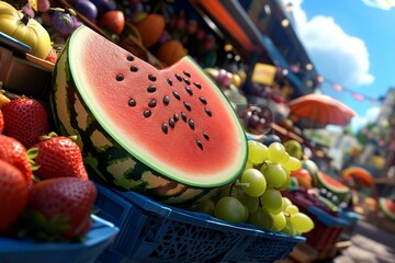 A digital 3D scene of watermelon, grapes, and strawberries displayed in a vibrant market with whimsical, cartoonish textures