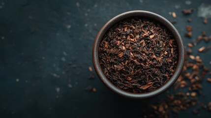 Wall Mural - Close-up of dry black tea leaves in a small ceramic cup, with fine details and rich color highlighted on a dark background.