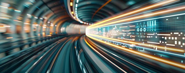 Aufkleber - Abstract motion blur of a fast-moving train in a tunnel, showcasing dynamic light trails against a dark background, symbolizing speed and technology.