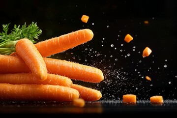 A hyper-realistic image of freshly peeled carrots, with bright orange color and tiny water droplets captured in sharp focus