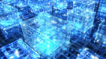 Blockchain network financial infrastructure A 3D blockchain structure with glowing cubes interconnected, representing secure transactions and financial technology