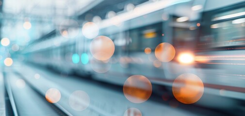 A dynamic and blurred view of a train in motion, emphasizing speed and energy with colorful bokeh effects in the foreground, creating a vibrant transportation scene.