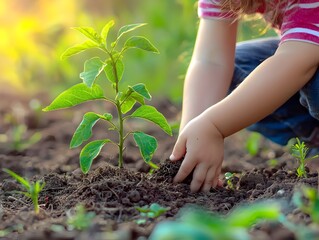 Canvas Print - Child Planting a Tree in Community Garden Symbolizing Next Environmental Commitment