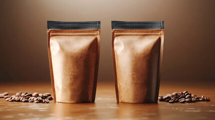 Two brown coffee bags standing upright with coffee beans scattered around, set on a minimalist brown background