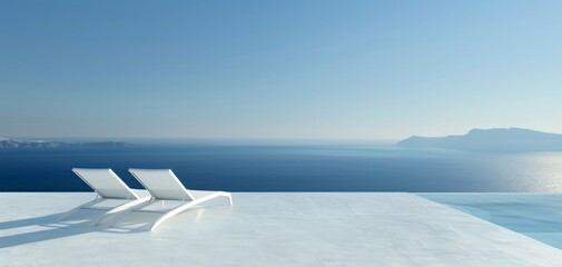 A serene infinity pool overlooking a tranquil sea, with two sun loungers basking in the sunlight. Ideal for vacation and relaxation imagery.