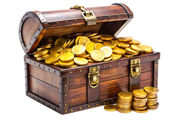 treasure chest with gold coins on white background.AI GENERATED