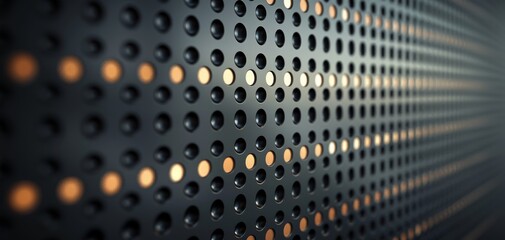 Aufkleber - Close-up view of a black surface with circular perforations and warm light accents, creating a modern and dynamic pattern that evokes a sense of depth and texture.