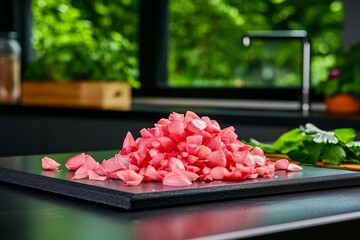 Poster - A pile of peeled shallots, glistening with moisture, set in a bright, natural light on a kitchen countertop