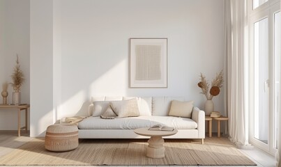 Cozy living room interior with natural light, minimalist design, and neutral tones, featuring a comfortable sofa, wooden table, and stylish decor.