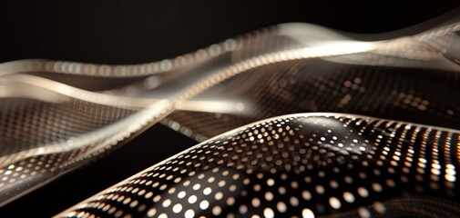 Poster - An abstract representation of flowing waves with metallic textures and intricate patterns, creating a sense of fluidity and movement against a dark background.