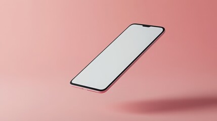 Leinwandbilder - A sleek smartphone is displayed mid-air against a pastel pink backdrop, emphasizing its modern design. The device features a large blank screen, showcasing its minimalist aesthetic.