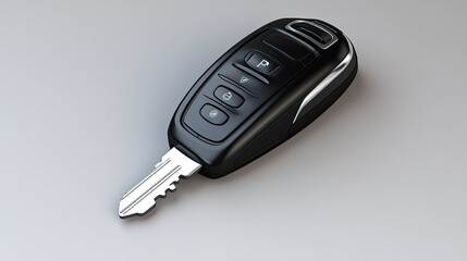 A sleek car key featuring remote control buttons is placed on a clean white background, highlighting its design and functionality