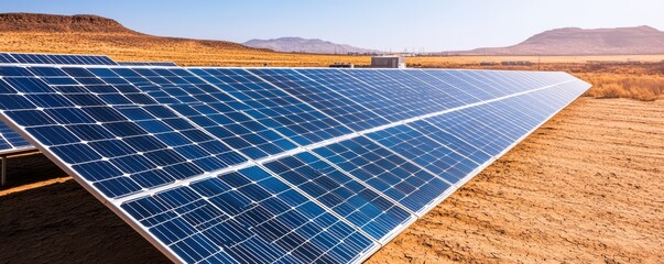 A vast array of solar panels capturing sunlight in a desert landscape, showcasing renewable energy solutions for a sustainable future.