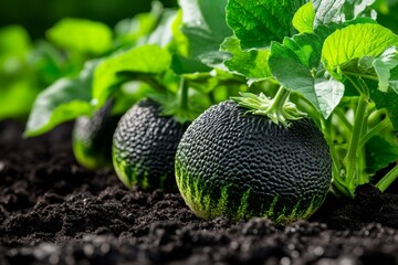 Bitter melon plants in a sunny greenhouse, with ripe, bumpy melons ready for picking