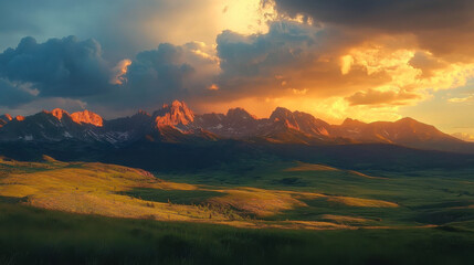 Wall Mural - golden hour illuminates a vast valley with dramatic clouds in the mountains during sunset