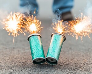 Two green firework tubes emitting sparks on a surface.