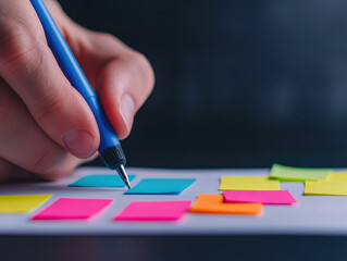 Leinwandbilder - A hand writing on colorful sticky notes with a pen, creating a vibrant workspace filled with creativity and organization.