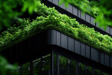 Aufkleber - A modern building adorned with lush greenery atop its structure, blending nature with architecture for a sustainable urban aesthetic.