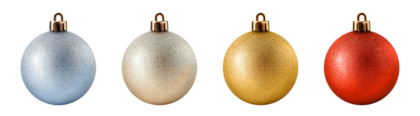 Wall Mural - Set of four shiny Christmas ornament balls in silver, pearl, gold, and red tones, isolated on transparent background