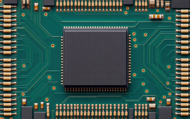 Leinwandbilder - A close-up view of a microchip on a green circuit board, showcasing intricate patterns and components for advanced electronics.