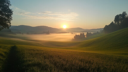 Wall Mural - golden sunset over rolling hills and wildflowers in a serene landscape during late spring in the cou