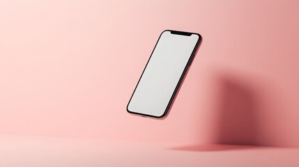 Aufkleber - A sleek smartphone with a blank screen hovers in mid-air against a soft pink backdrop, creating a minimalist and elegant visual. The composition highlights the device's design and modernity.