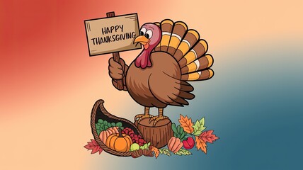 Thanksgiving Turkey with Sign and Cornucopia Illustration