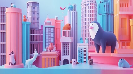 Wall Mural - A Cityscape With Cute Animals