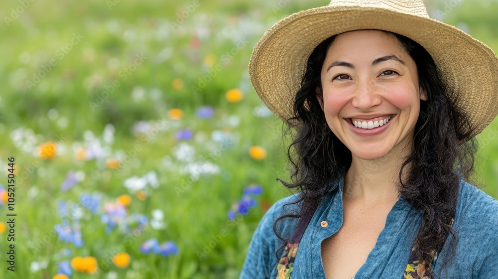 Woman with a big smile and straw hat standing in a field of wildflowers ...