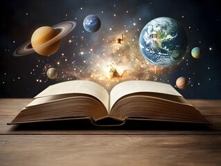 Wall Mural - exploring the cosmos through the pages of an open book symbolizing the power of knowledge and imagin