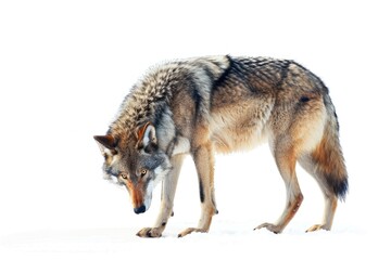 Wall Mural - wolf  gray wolf canis lupus isolated on snow on a white background  gray wolf  wolf