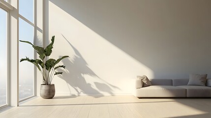 Poster - Minimalist Living Room with Large Window and Solitary Houseplant Bright and Airy Interior Design