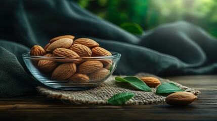 Almonds in a Glass Bowl on Rustic Wooden Table