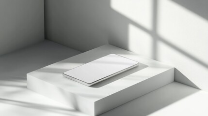 Leinwandbilder - A sleek, minimalist smartphone rests on a clean, white platform. Natural sunlight filters through shadows, creating a calm and serene atmosphere in a contemporary room setting.