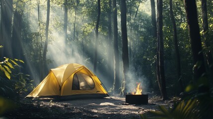 A yellow tent set up in the forest, surrounded by tall trees and lush foliage.