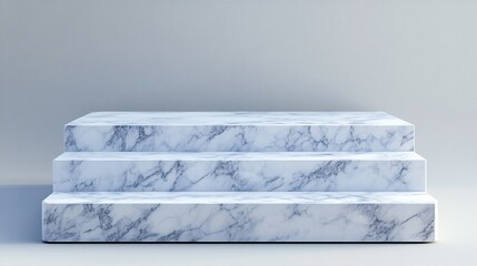 Elegant marble podium with three ascending steps, showcasing luxurious white and gray veined texture against a neutral background, perfect for product display.