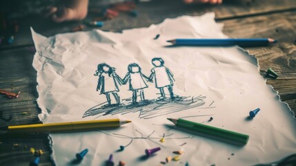 Child's drawing of family on crumpled paper with colored pencils.